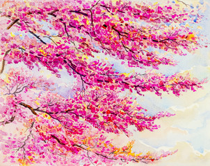 Obraz na płótnie Canvas Painting landscape watercolor original colorful of wild himalayan cherry