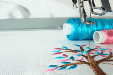 Picture of workspace in the embroidery machine close up look under the needle, lovely tree minimal...