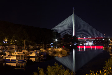 Cable bridge over Sava river at dark in Belgrade, Serbia