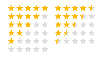 Product rating or customer review with gold stars and half star flat vector icons for apps and websites - obrazy, fototapety, plakaty
