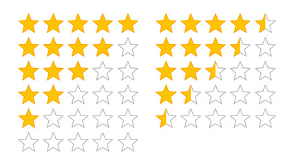 Product rating or customer review with gold stars and half star line vector icons for apps and websites