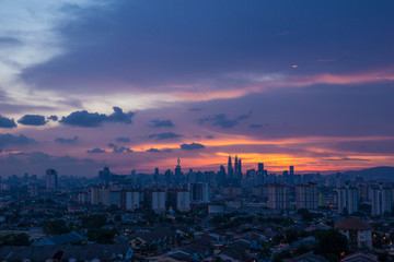 View of majestic sunset over downtown Kuala Lumpur, Malaysia