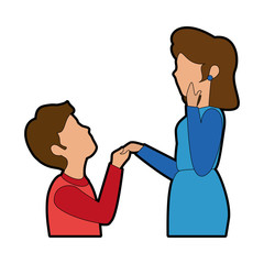 Couple of lovers in proposal of marriage icon over white background colorful design vector illustration
