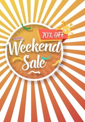 Illustration of Sale Vector Poster Paper Lettering. Bright Sale Flyer Template with Sunburs Lines on Background