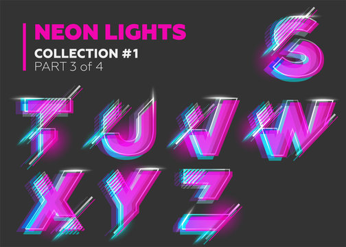 Vector Neon Character Typeset. Glowing Letters on Dark Background.