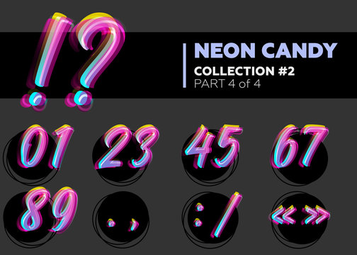 Vector Neon Character Typeset. Glowing Numbers on Dark Background.