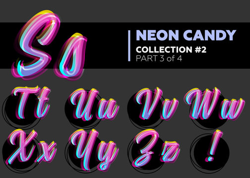 Vector Neon Character Typeset. Glowing Letters on Dark Background.