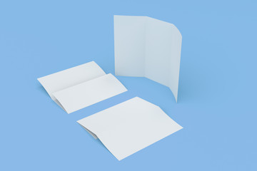 Blank white three fold brochure mockup on blue background