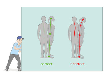 The man pushes the drawing. Correct alignment of human body in standing posture for good personality and healthy of spine and bone. Health care and medical illustration
