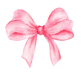 Watercolor pink bow. Hand painted gift bow isolated on white background. Party or greeting object,...