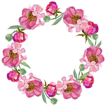 Wildflower peony flower wreath in a watercolor style. Full name of the plant: peony. Aquarelle wild flower for background, texture, wrapper pattern, frame or border.
