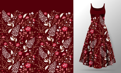 Flower embroidery on dress mock up. Fashion decoration patch realistic 3d vector illustration woman clothes. Traditional flower seamless border textile print vintage art