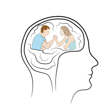 Wrestling in the head of a person. Test of Strength. A man and a woman are sitting opposite each other. Concept business vector illustration
