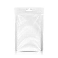 White Blank Plastic Pocket Bag Vector. Realistic Mock Up Template Of Plastic Foil Food Or Drink Doypack Bag. Clean Hang Slot. Packing Design Template. Isolated Illustration