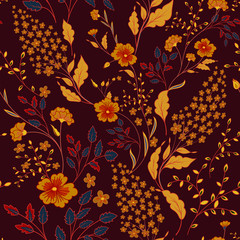 Vector seamless bright colorful gentle hand drawn little ditsy flower pattern. Bright floral allover print on black background