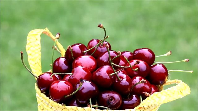 red cherries rotate in basket
