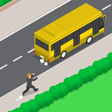 Isometric Businessman is Running Follow The Bus