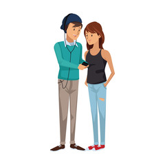 male and female students standing with mp3