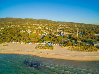 Aerial view of colorful beach boxes in Rosebud and McCrae Lighthouse. Mornington Peninsula,...