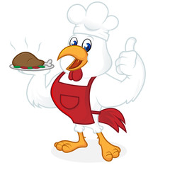 Chicken cartoon wearing chef hat and carrying food