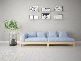 Mock up a stylish living room with a comfortable sofa and fashionable background.