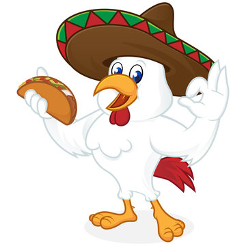 Chicken cartoon holding nacho and wearing sombrero