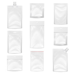 Plastic Pocket Vector Blank. Packing Design. Realistic Mock Up Template Of White Plastic Pocket Bag. Empty Hang Slot. White Clean Doypack Bag Packaging With Corner Spout Lid. Isolated Illustration