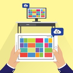 Cloud Computing account data synchronize between Personal Computer and tablet PC. Hands holing tablet PC. Flat Style illustration.