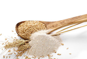 pile whole grain barley flour, oats in wooden spoon and ears of wheat isolated on white background