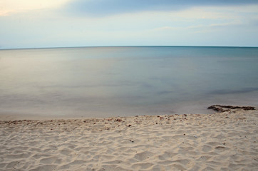 The Black Sea shore from Albena, Bulgaria with golden sands, blue mystic water, clouds sky