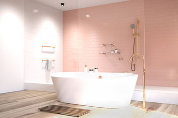 Fototapeta na wymiar Pink bathroom with white tiles side