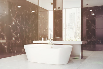 Black marble bathroom, sink, tub, side toned
