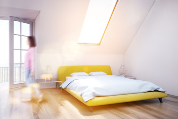 White attic bedroom, wooden floor, closeup, girl