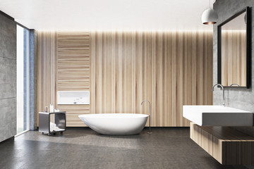 Naklejka na ściany i meble Wooden bathroom interior, square sink
