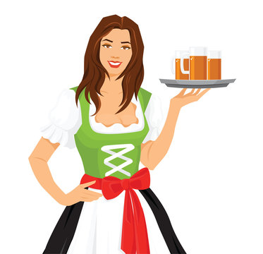 Vector illustration of Oktoberfest waitress in traditional bavarian dress, serving beer isolation on white background. 
