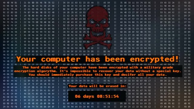 Your computer has been encrypted, Petya virus message on screen, cyber attack. Petya ransomware attack, data encryption, information theft, computer hacking
