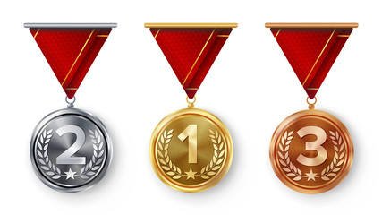 Champion Medals Set Vector. Metal Realistic First, Second Third Placement Achievement. Round Medals With Red Ribbon, Relief Detail Of Laurel Wreath, Star. Sport Game Golden, Silver, Bronze Achievement
