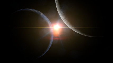 planet Earth and the Moon lit by the Sun