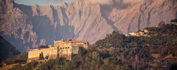 Massa. View of Malaspina Castle. In the background the Apuan Alps. Massa - Tuscany - Italy.