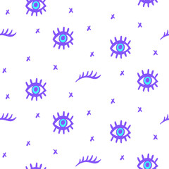 Vector Seamless pattern with hand drawn open and winking neon psychedelic eyes doodle