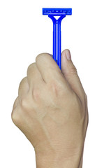 Hand holding Razor blue on isolate white background.