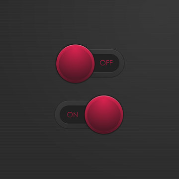 Realistic red buttons on off interface switches. Vector illustration.