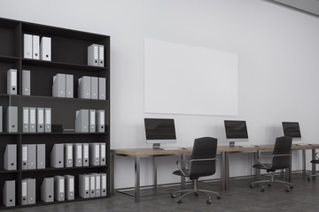 White open space office, bookcase