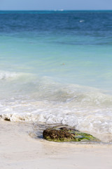 Stone on the beach. Focus point on the rock. Turquoise sea in the background.