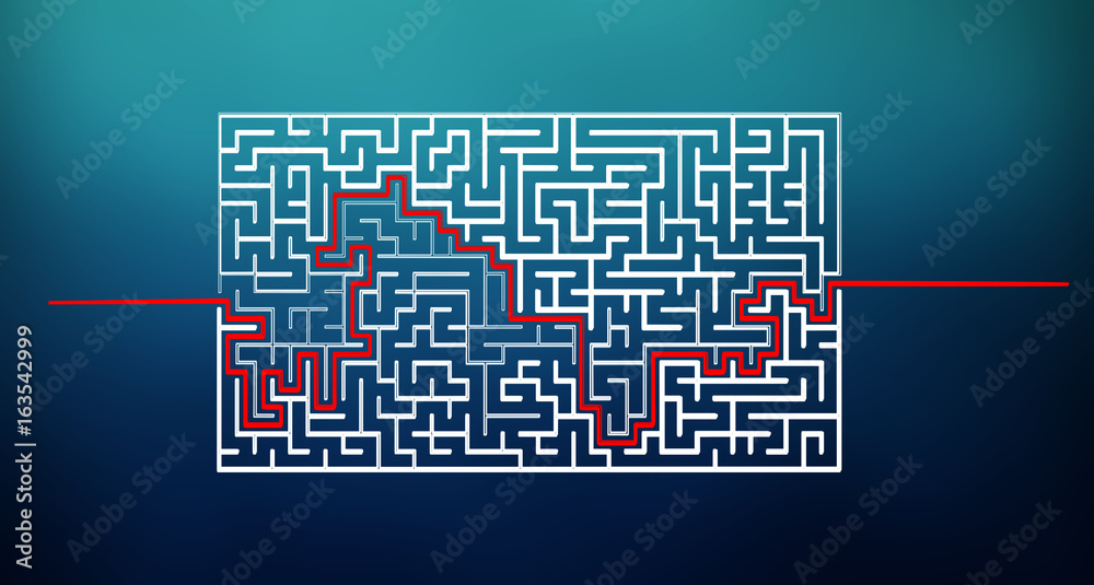 Poster hand-drawn maze with solution sketch