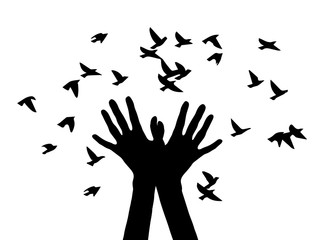 Black and white vector illustration depicting hands, letting out a flock of birds.