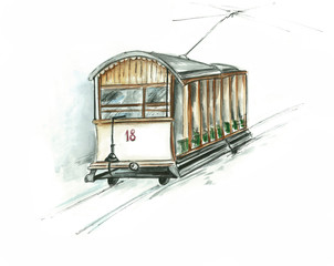  watercolor old tram