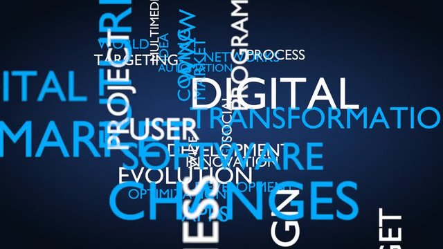 Video production word tag cloud. Loop able, 3D rendering, blue variant, UHD