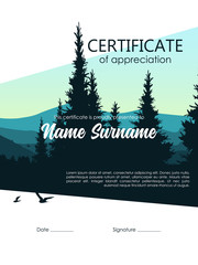 Registered vertical certificate. Landscape blue sunset background. Vector illustration.