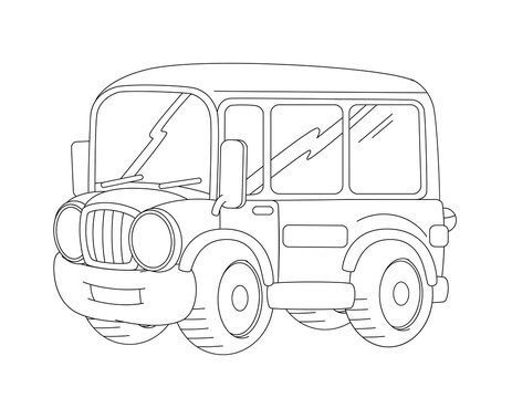 Cartoon happy and funny looking cartoon bus - coloring page / illustration for children